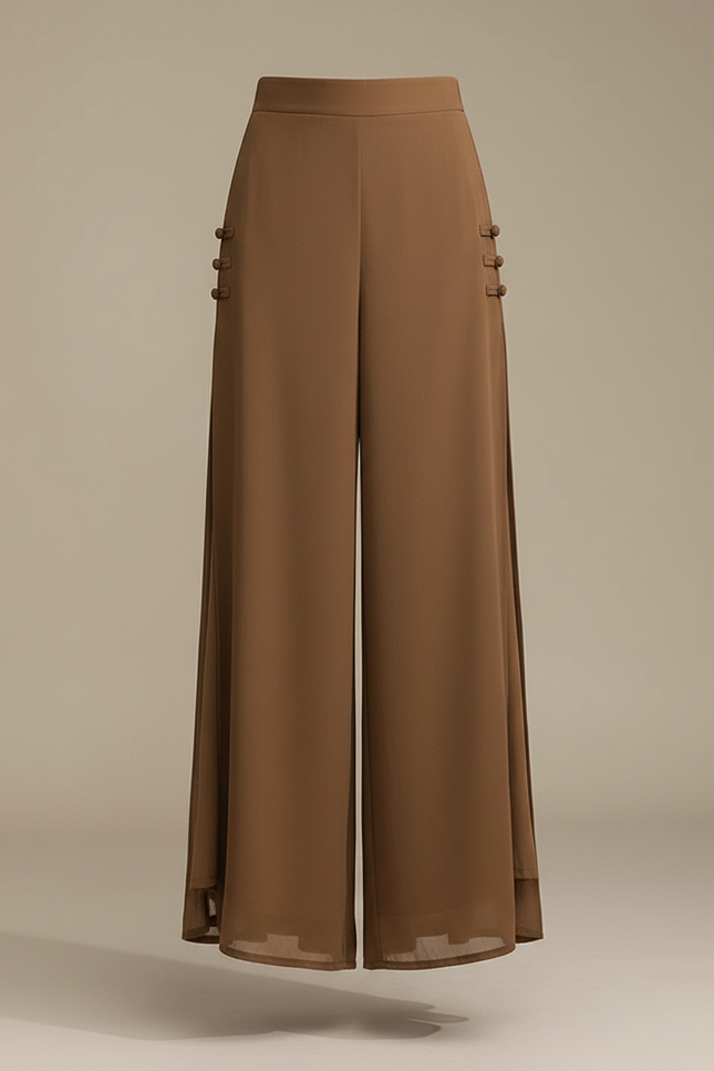 Pantalon Chinois Fluide Marron Chiffon Fendu Élégant - Polyester - vue 3