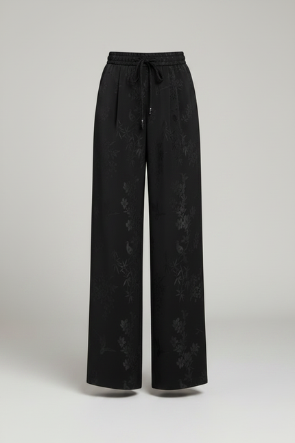 Pantalon Chinois Noir Brodé Fluide Ample Femme - Satin - vue 3