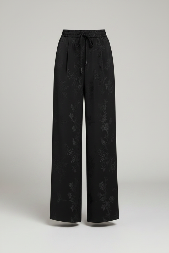 Pantalon Chinois Noir Brodé Fluide Ample Femme - Satin - vue 3