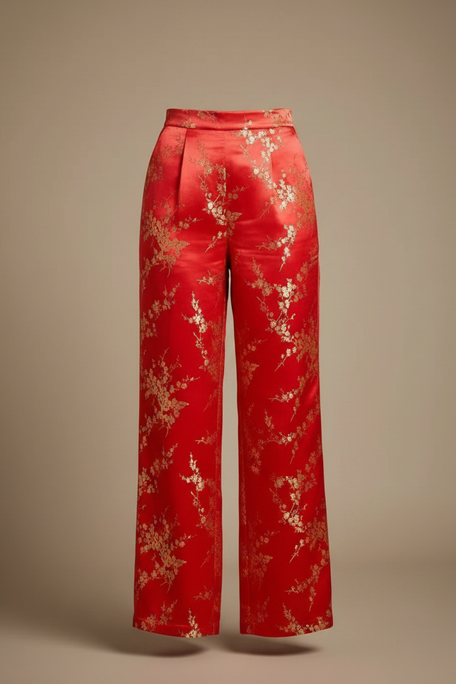 Pantalon Chinois Rouge Satiné Fleuri Doré Ample Élégant - vue 3