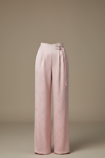 Pantalon Chinois Rose Satin Jacquard Taille Haute Fluide - vue 3