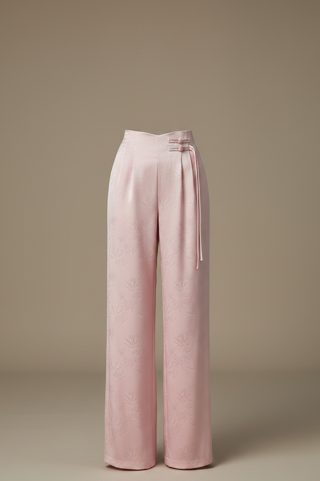 Pantalon Chinois Rose Satin Jacquard Taille Haute Fluide - vue 3
