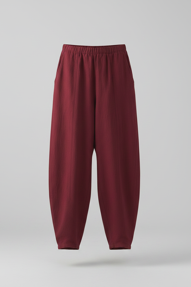 Pantalon Chinois Rouge Grenat Ample Lin Harem Femme - Bordeaux - vue 3