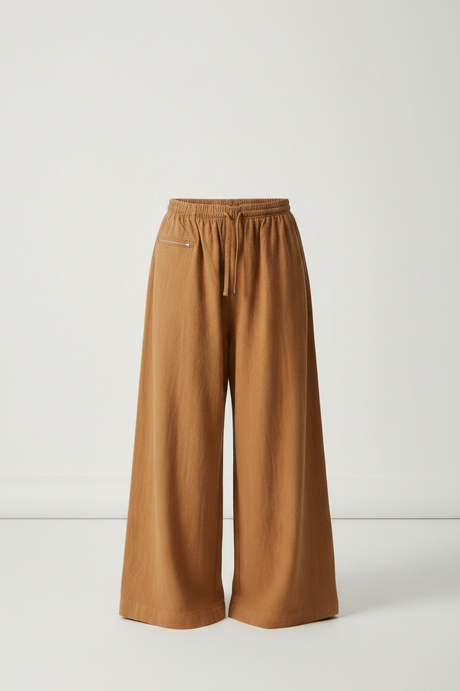 Pantalon Chinois Marron Ample Coton Élastique Enfant - Camel Molleton - vue 3