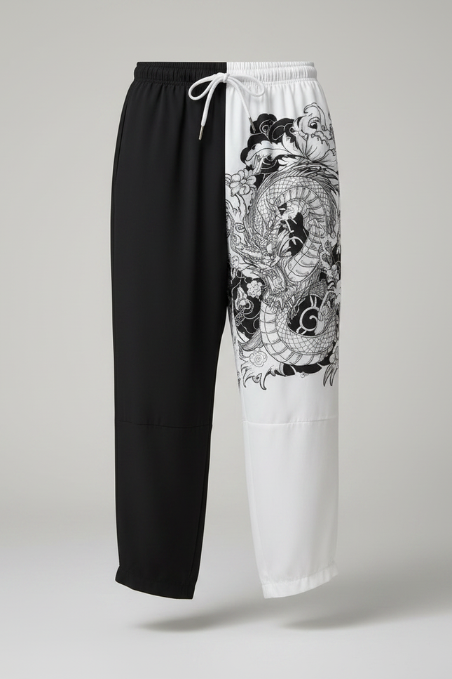 Pantalon Chinois Harem Dragon Bicolore Décontracté Noir Blanc - Multicolore Polyester - vue 3