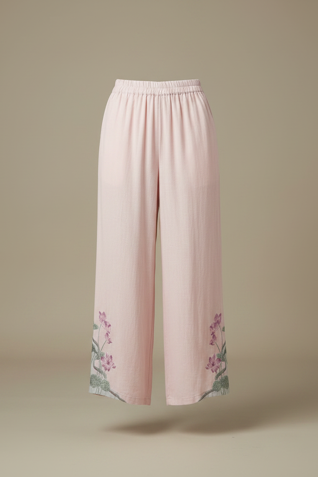 Pantalon Chinois Rose Brodé Lin Ample Fluide - vue 3