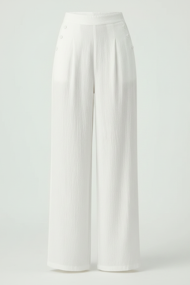 Pantalon Chinois Blanc Ample Lin Boutons Fluide - vue 3