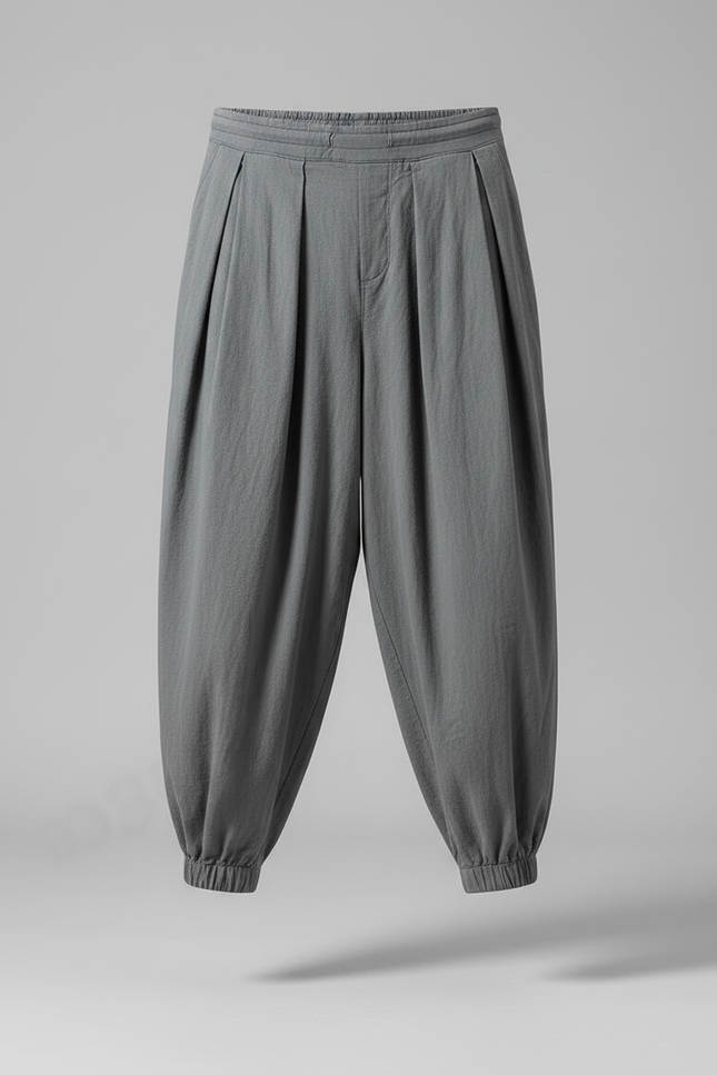 Pantalon Chinois Gris Lin Ample Harem Décontracté - vue 3