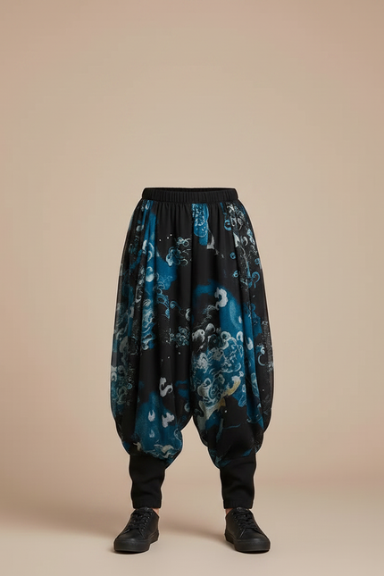Pantalon Chinois Noir Ample Imprimé Bleu Fluide Garçon - Polyester - vue 3