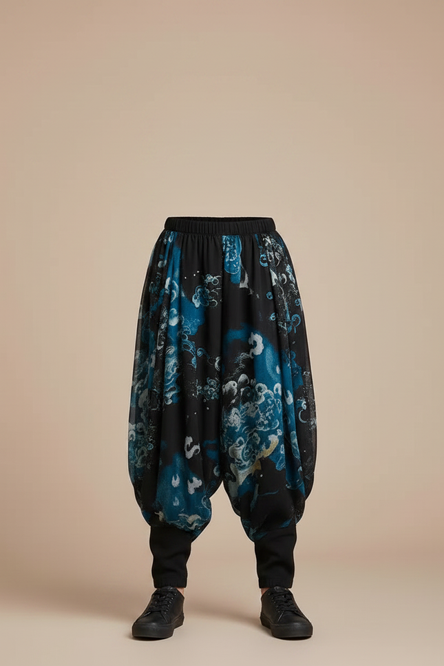 Pantalon Chinois Noir Ample Imprimé Bleu Fluide Garçon - Polyester - vue 3