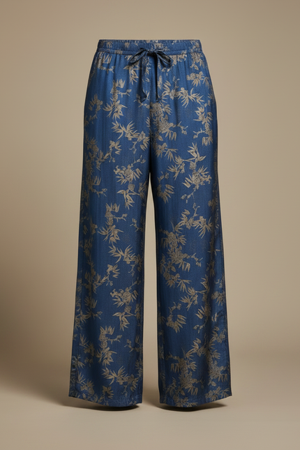 Pantalon Chinois Bleu Imprimé Floral Ample Fluide Ethnique - Viscose - vue 3