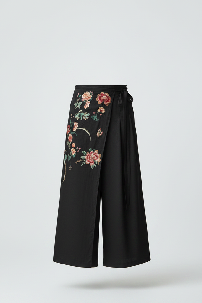 Pantalon Chinois Noir Brodé Floral Ample Ethnique - Viscose - vue 3