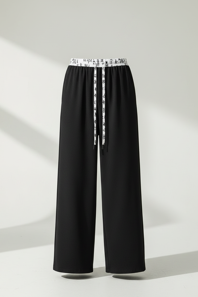 Pantalon Chinois Noir Ample Ceinture Calligraphie Décontracté - Molleton - vue 3