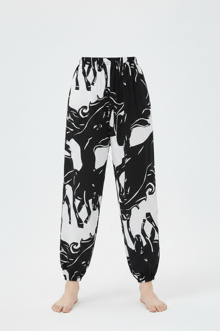 Pantalon Chinois Noir Blanc Imprimé Cheval Fluide Fille - Viscose - vue 3