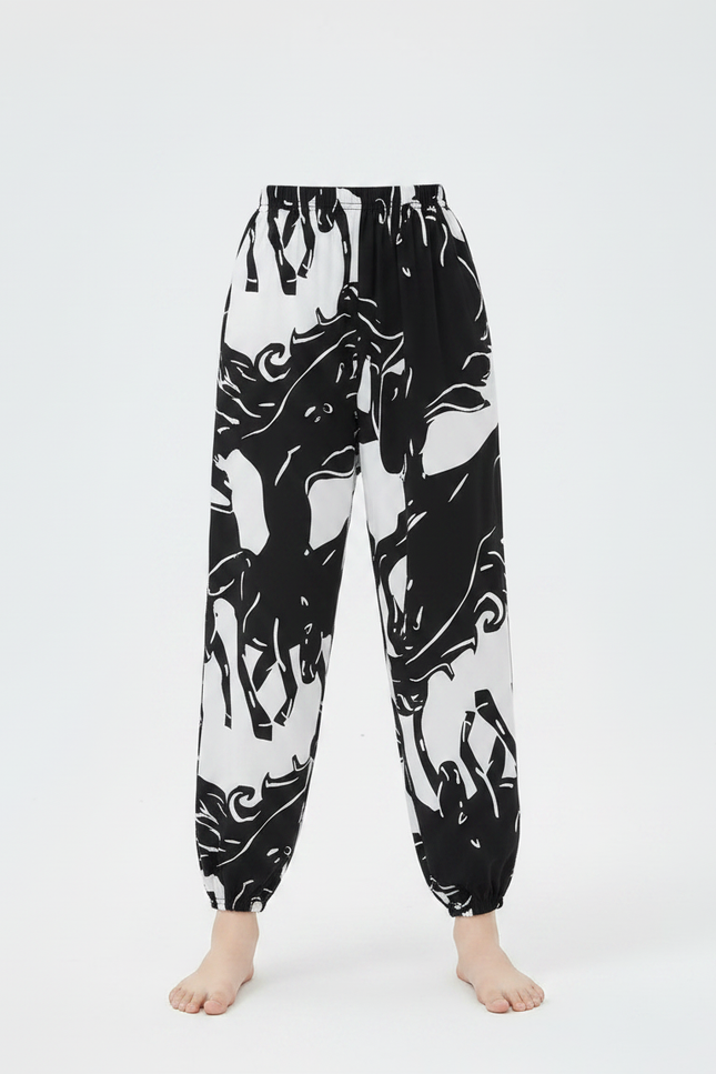 Pantalon Chinois Noir Blanc Imprimé Cheval Fluide Fille - Viscose - vue 3