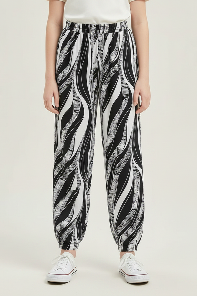 Pantalon Chinois Noir Blanc Imprimé Fluide Fille - Viscose - vue 3