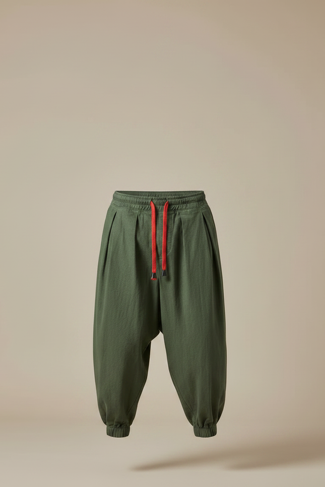 Pantalon Chinois Harem Vert Ample Coton Décontracté - Kaki - vue 3