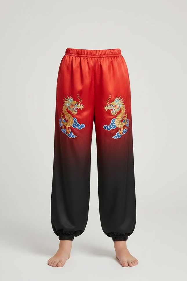 Pantalon Chinois Rouge Noir Satiné Dragon Enfant - Multicolore - vue 3