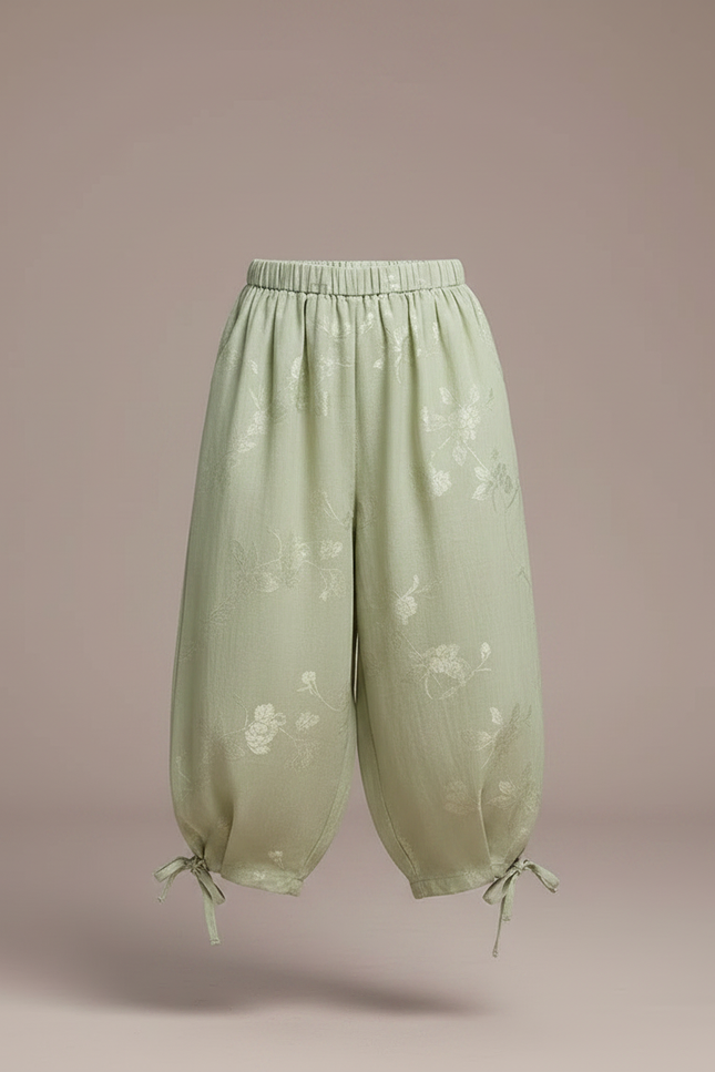 Pantalon Chinois Vert Ample Brodé Fleurs Enfant - Lin - vue 3