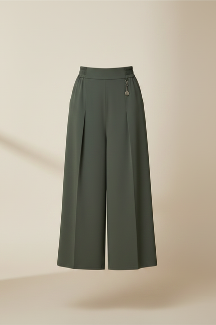 Pantalon Chinois Vert Kaki Ample Fluide Taille Haute - Polyester - vue 3