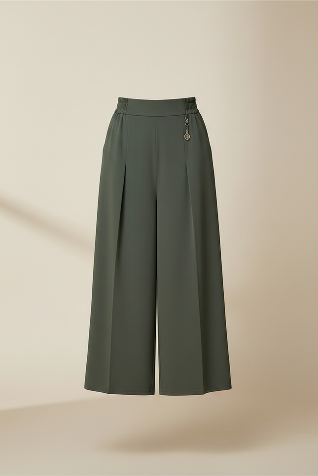 Pantalon Chinois Vert Kaki Ample Fluide Taille Haute - Polyester - vue 3