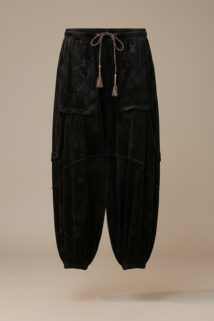 Pantalon Chinois Velours Noir Imprimé Dragon Ample Décontracté - vue 3