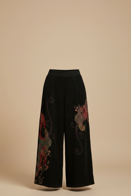 Pantalon Chinois Noir Brodé Ethnique Ample Floral - Cordé - vue 3