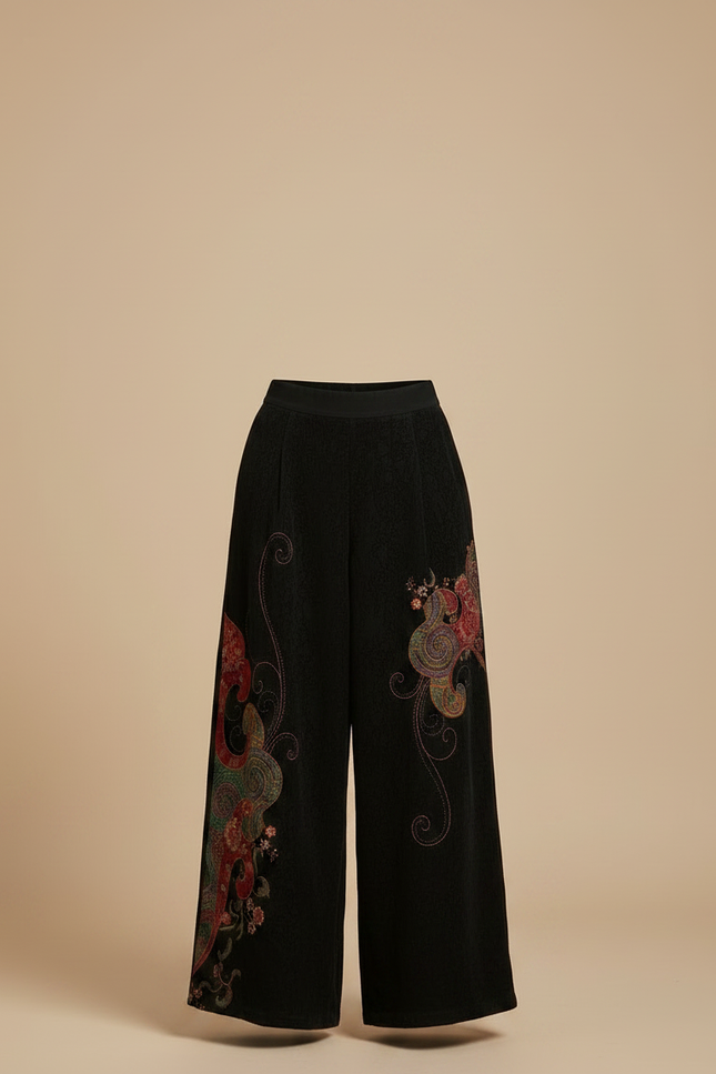 Pantalon Chinois Noir Brodé Ethnique Ample Floral - Cordé - vue 3