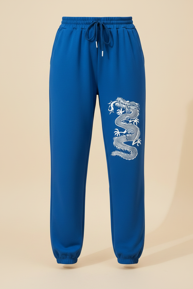 Pantalon Chinois Bleu Dragon Imprimé Jogger Cordon - Molleton - vue 3