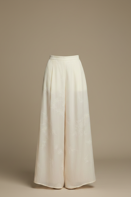 Pantalon Chinois Crème Fluide Brodé Large Élégant - Beige Soie - vue 3