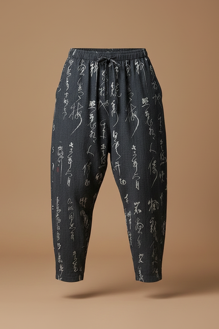 Pantalon Chinois Gris Ample Calligraphie Fluide Homme - Lin - vue 3