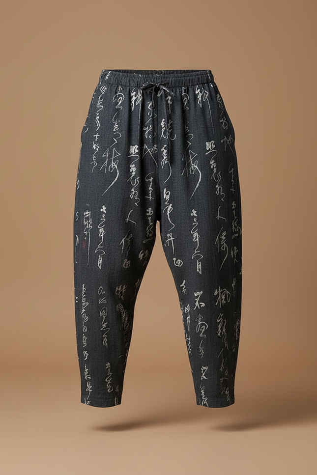 Pantalon Chinois Gris Ample Calligraphie Fluide Homme - Lin - vue 3