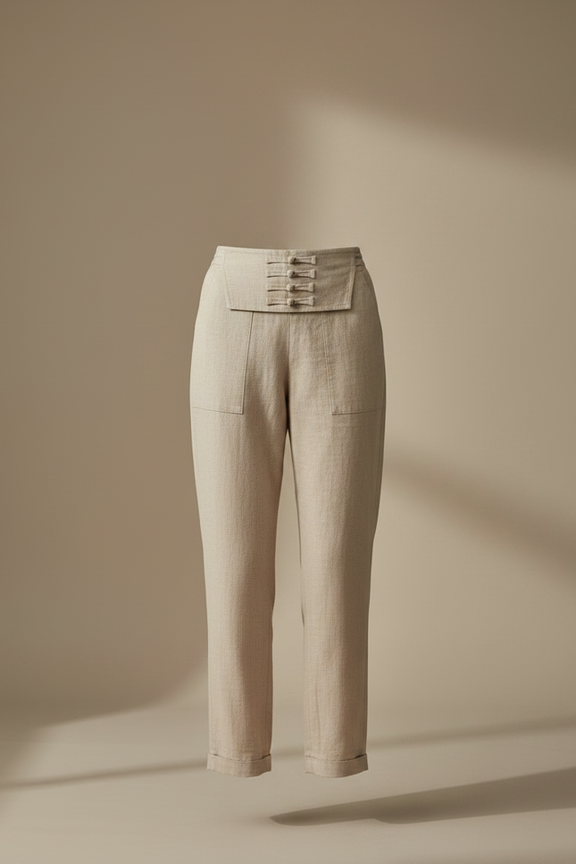 Pantalon Chinois Beige Lin Ample Taille Haute - vue 3