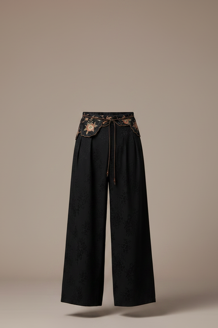 Pantalon Chinois Noir Brodé Ample Jacquard Fluide - Viscose - vue 3