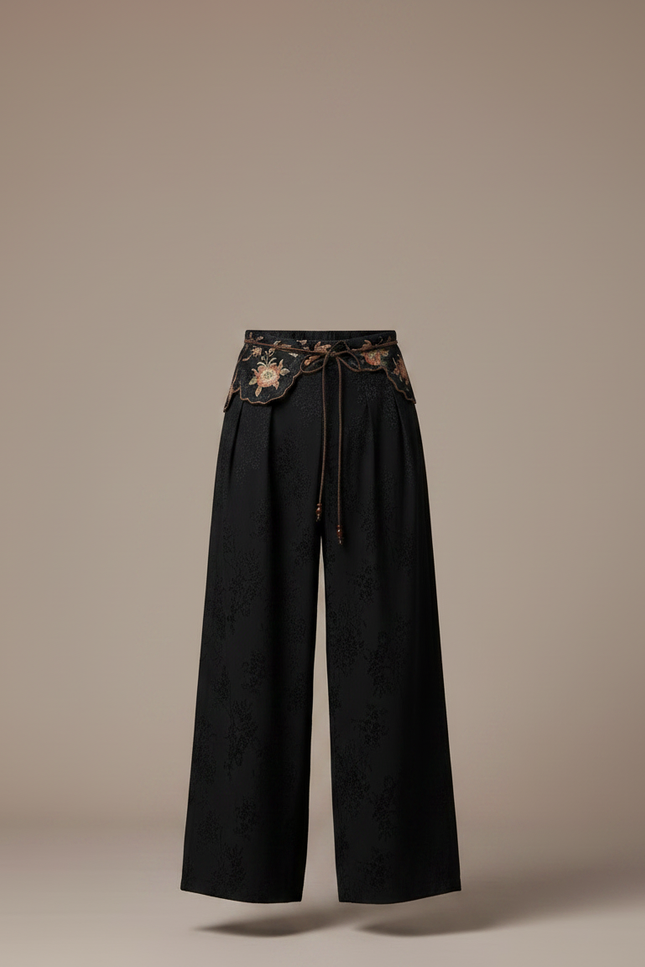 Pantalon Chinois Noir Brodé Ample Jacquard Fluide - Viscose - vue 3