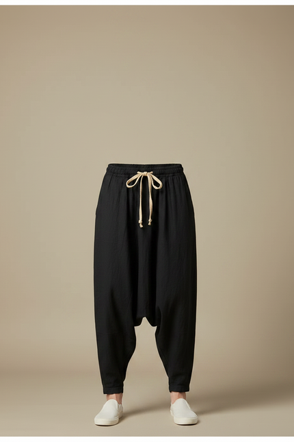 Pantalon Chinois Harem Lin Coton Ample Noir Homme - vue 3