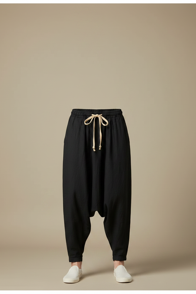 Pantalon Chinois Harem Lin Coton Ample Noir Homme - vue 3
