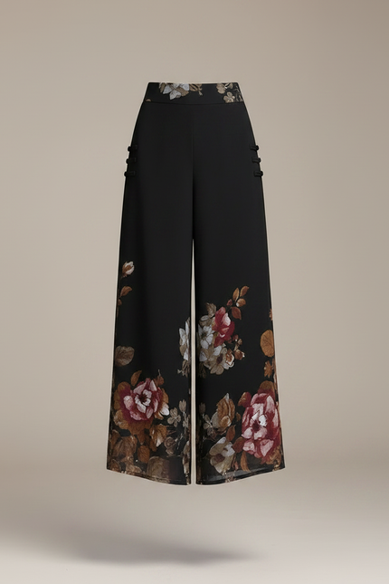 Pantalon Chinois Noir Chiffon Floral Ample Femme - Polyester - vue 3
