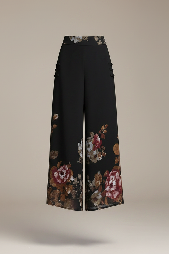 Pantalon Chinois Noir Chiffon Floral Ample Femme - Polyester - vue 3
