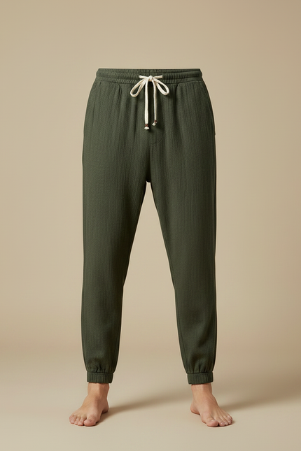 Pantalon Chinois Vert Coton Lin Harem Homme - Kaki Cordé - vue 3