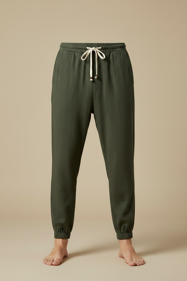Pantalon Chinois Vert Coton Lin Harem Homme - Kaki Cordé - vue 3