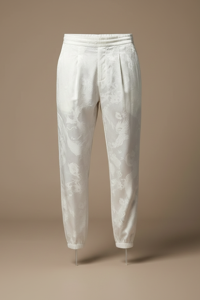 Pantalon Chinois Blanc Satin Dragon Ample Homme - vue 3