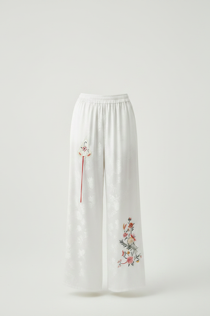 Pantalon Chinois Blanc Brodé Ample Jacquard Fluide - Satin - vue 3
