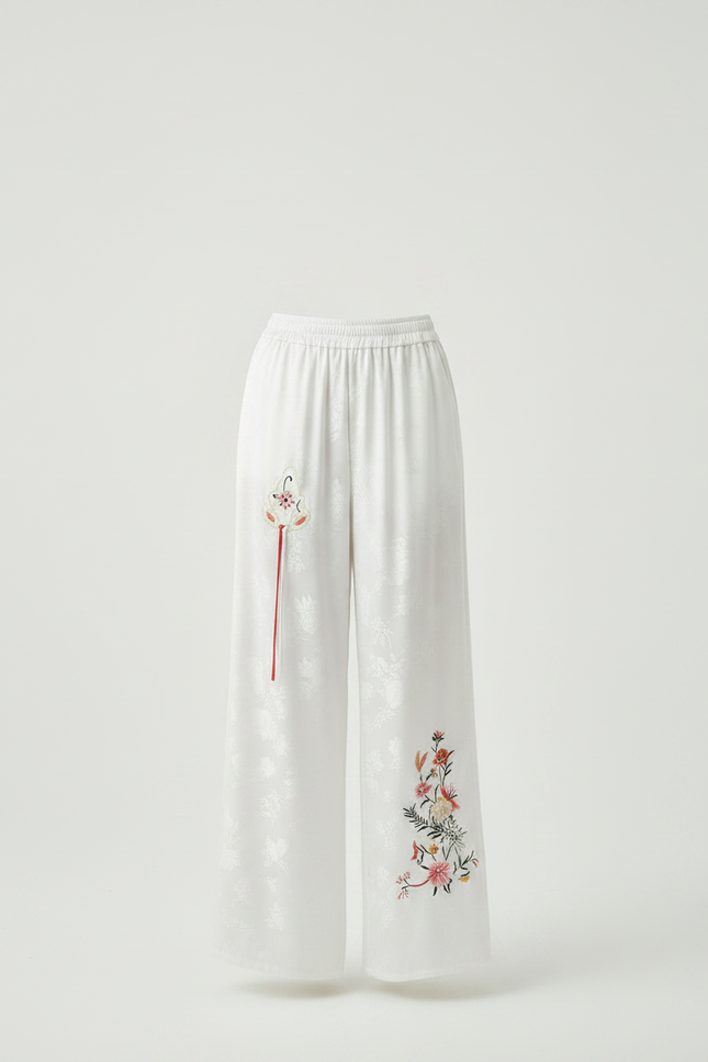 Pantalon Chinois Blanc Brodé Ample Jacquard Fluide - Satin - vue 3