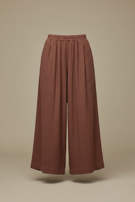 Pantalon Chinois Marron Ample Plissé Lin Coton - vue 3