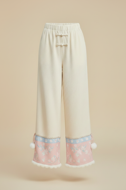 Pantalon Chinois Beige Fleur Rose Pompons Hiver - Cordé - vue 3