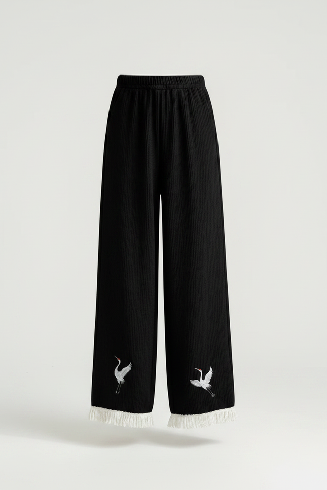 Pantalon Chinois Noir Brodé Frangé Ample Enfant - Maille - vue 3