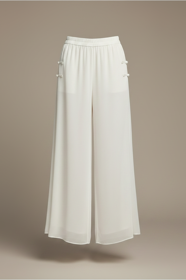 Pantalon Chinois Crème Fluide Ample Élégant Femme - Beige Soie - vue 3