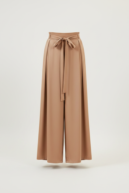 Pantalon Chinois Satiné Fluide Ample Ceinturé Marron Femme - Camel - vue 3