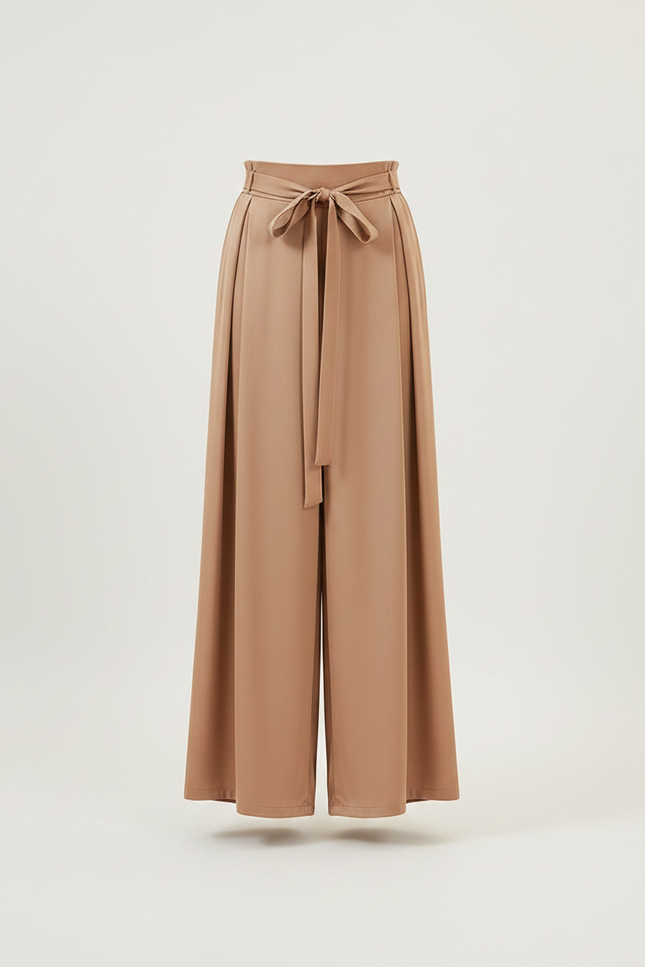 Pantalon Chinois Satiné Fluide Ample Ceinturé Marron Femme - Camel - vue 3